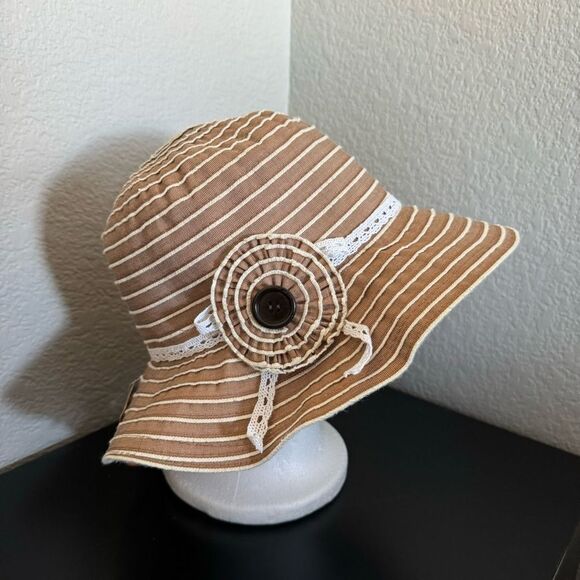 Kallina Brown White Embellished Striped Round Sun Hat - Picture 1 of 8
